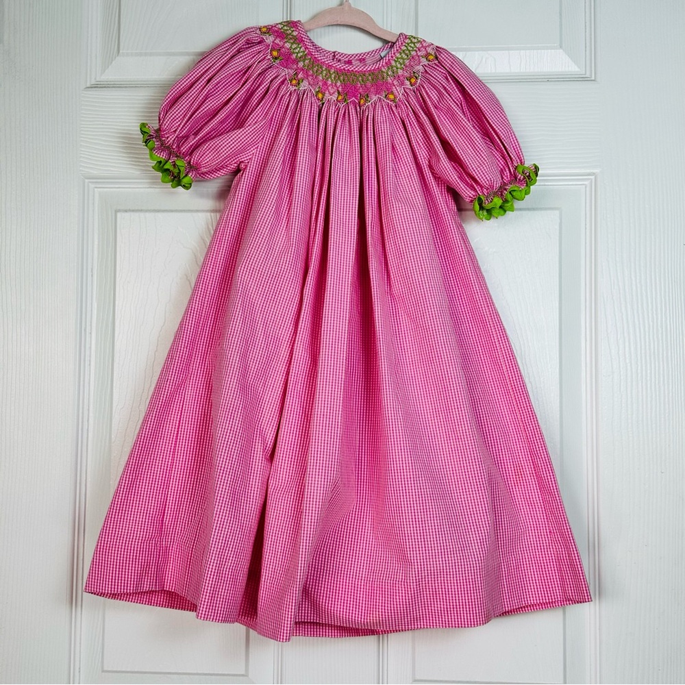 Remember Nguyen Pink Gingham Smocked Dress Flower Embroidery Size 2 Girls Toddle